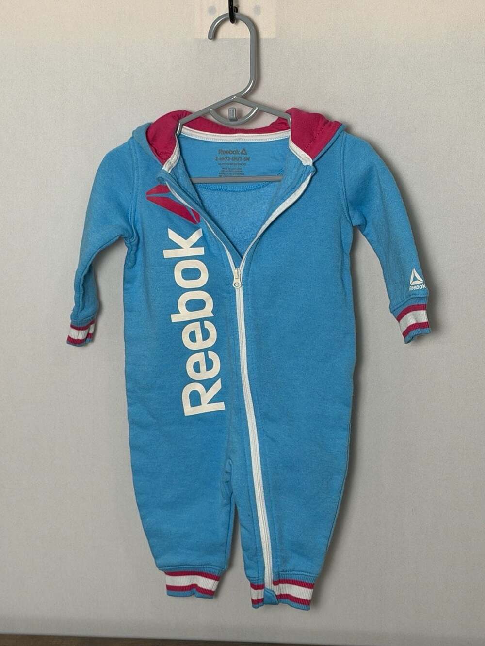 Reebok Hooded Romper Size 3-6M Blue Full Zip Fleece Jumpsuit